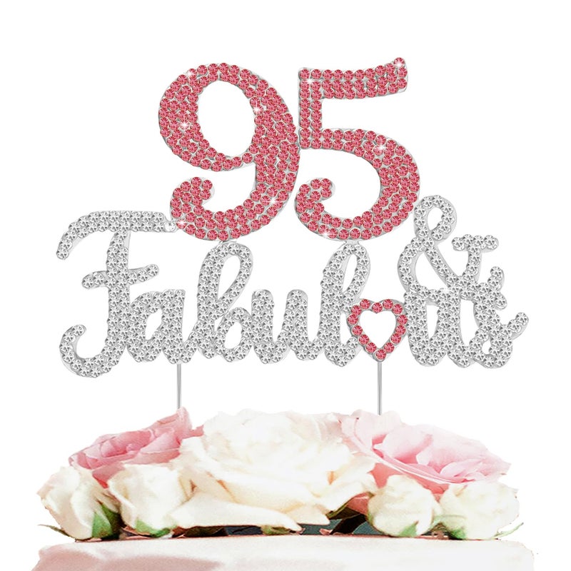 LASKYER 95 & Fabulous Peach Red & Silver Rhinestone Cake Topper - Happy 95th Birthday Cheers to 95 Years Old Bday Party Metal Sparkly Food Centerpieces Topper Decorations Keepsake. - Image 1
